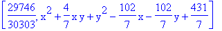 [29746/30303, x^2+4/7*x*y+y^2-102/7*x-102/7*y+431/7]